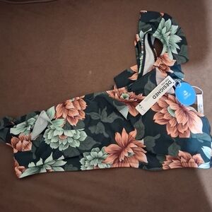 Cupshe Dark Green One-Shoulder Floral Bikini Top with Coral & Mint Blooms